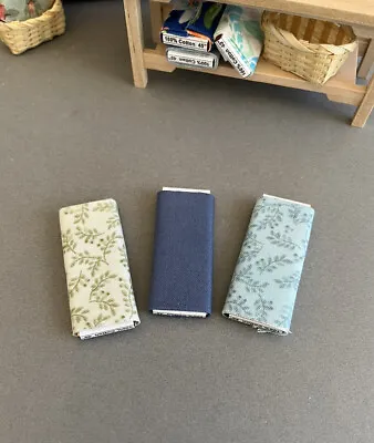 Dollhouse Miniature 3 Bolts Of Fabric 2” X 1  Each Blue Green 1:12 • $12