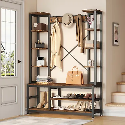 71  Entryway Bench With Coat Rack Hall Tree Shoe Storage Shelves With 7 Hooks • $109.46