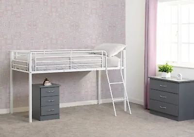 Kora Mid Sleeper 3ft Single Loft Bed Frame Metal White Finish With Ladder • £138.95