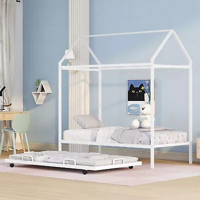 Twin Size Kids House Bed With Trundle Metal House Bed White • $247.64