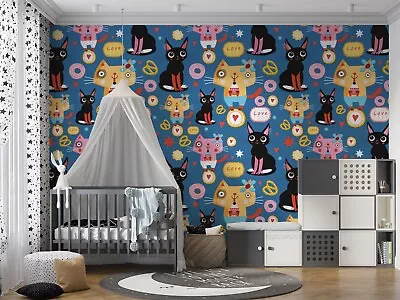 3D Cartoon Animal Cat Kids Blue Wallpaper Wall Murals Removable Wallpaper • $26.10