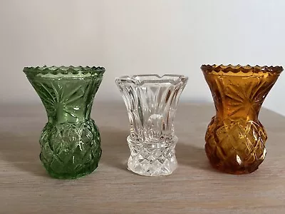 Lot Of 3 Vintage Toothpick Holders Mini Pineapple Vase Green Amber Crystal • $15