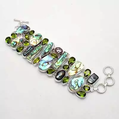 Abalone Shell Peridot Gemstone Handmade Big Bracelet Jewelry 69 Gms LBB-1487 • $8.58