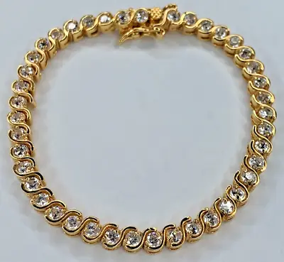 VTG Signed Sterling 925 Gold Vermeil Swirl Round CZ 6.75'' Tennis Bracelet 13G • $44.95