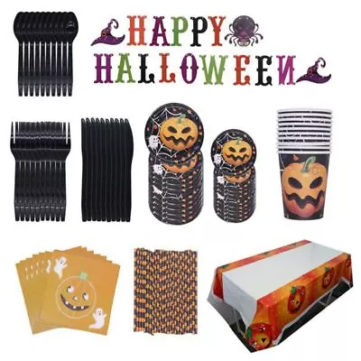 Halloween Happy Party Decoration Supplies Pumpkin TableCover Plates Paper Straws • £5.03