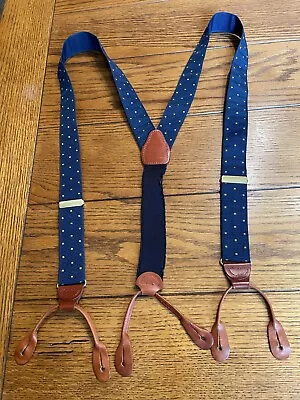 Vintage Solid Brass Blue & Gold Dots Pattern Suspenders - Leather Ends • $9.99
