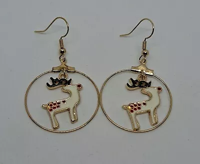 Reindeer Earrings Women's White Elk Deer Gold Tone Christmas Holiday • $7