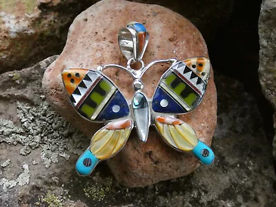 Handcrafted Butterfly Sterling Silver 925 Gemstone Micro Inlay Large Pendant J6 • $169.95