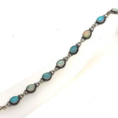 Vintage Signed Sterling Opal Stone Cabochon Teardrop Shape Link Bracelet 7 3/4 • $70