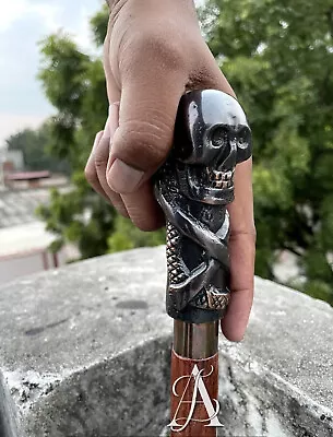 Handmade Skull Head Handle Walking Stick Cane Horror Skull Wooden Stick Antique • $28.99