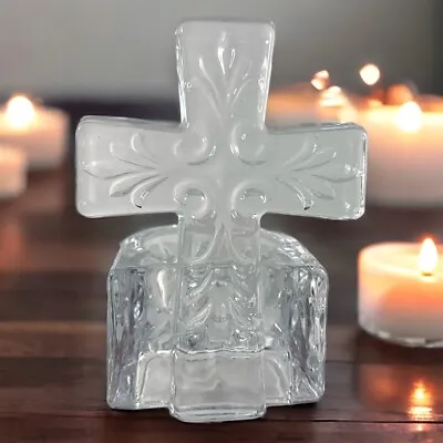 Tea Light Candle Votive Holder Cross Clear Etched 4” In Vintage Religious Christ • $4.99