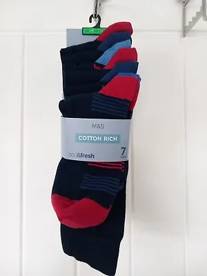 M&S Marks And Spencer 7 Pack Socks Size 9-12 Cotton Rich Cool And Fresh Blue Red • £17.99
