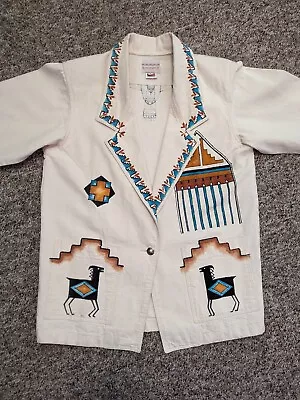 VTG Sundance Womens Long Blazer Aztec Native American Jacket M USA Southwestern • $50.15