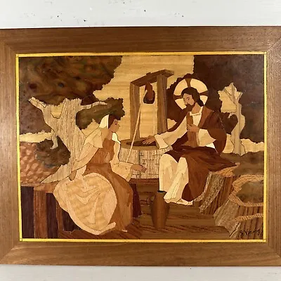 Folk Art Marquetry Wood Inlay Bible Jesus Woman At The Well Plaque ~ 12” X 15” • $40