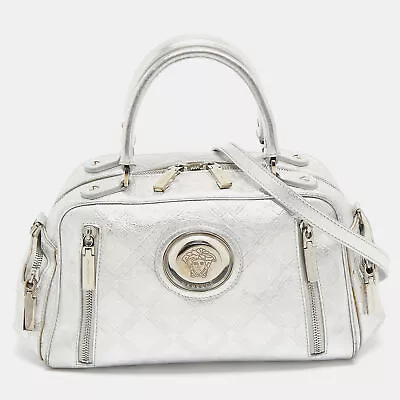 Versace Silver Monogram Embossed Leather Multi Pocket Medusa Satchel • $281.40