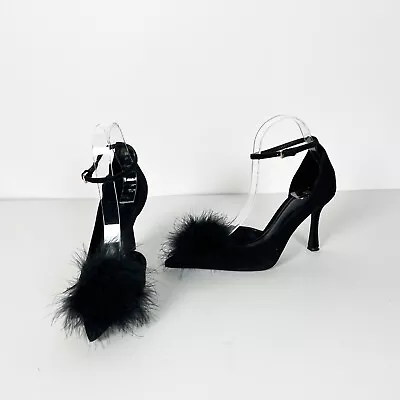 NEW Zara Microfiber Feather Puff Pointed Tie Ankle Strap High Heels Shoes Black • $31.50