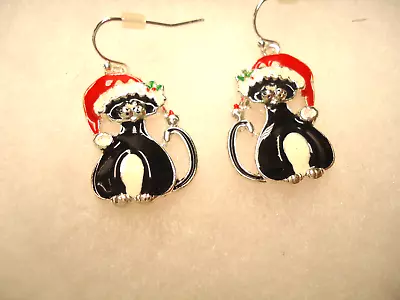 Vtg-mod Pierced Xmas Cat Santa Hat Earrings • $1