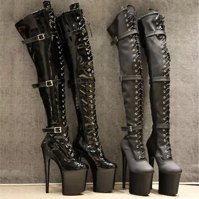 2023 Women 8-inch High Heels Platform Steel Pipe Dance Lace Up Knee Boots • $167.37