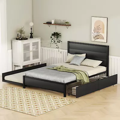 Metal Full Size Storage Platform Bed With Twin Size Trundle And 2 Drawers Black • $361.69