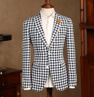 Black White Check Plaid Summer Mens Suits 2 Button Sports Blazer Jacket Custom • $78.84