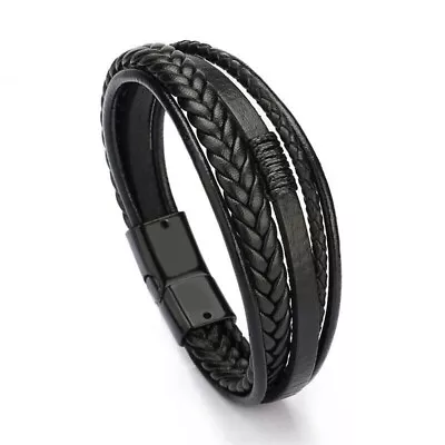 Men Jewelry Black Braided Leather Bracelet Multi-Layer Stainless Steel Clasp A • $1.50