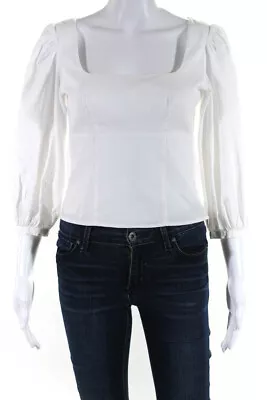 Staud Womens Puffy Long Sleeves Square Neck Cropped Blouse White Cotton Size 2 • $60.99