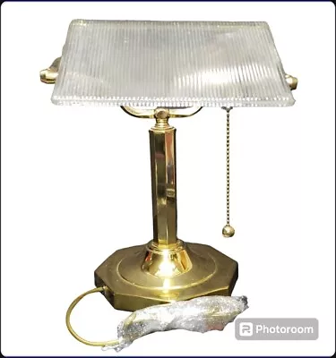 Vintage 1988 Dynasty Classics Brass Banker Desk Lamp Clear Ribbed Shade Art Deco • $50