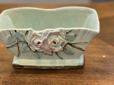 VINTAGE McCOY POTTERY WILD ROSE PLANTER PALE AQUA W/PINK ROSES • $24.99