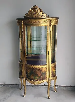 Antique French Vitrine Gold Gilt Curio Display Cabinet W/ Bow Glass & Lock/Key • $799.99