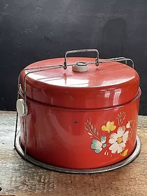 $32 • Buy Vintage Cake Carrier Tin Metal Floral Red Two Tier