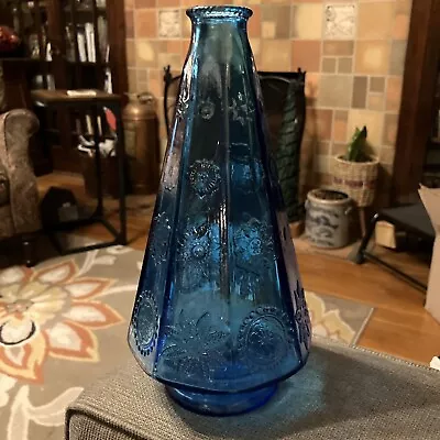 Wheaton Blue Glass Octagon Bottle/Vase 9.5” Tall • $35