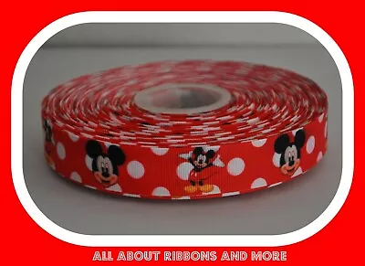 7/8 Inch Mickey Mouse On Red Dots Grosgrain Ribbon- 1 Yard • $0.99