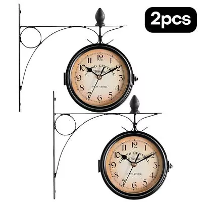 Retro Antique Station Clock Double Sided Hanging Wall Clock Indoor Outdoor Decor • $34.99