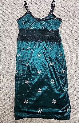 Zara Trafaluc  Green Velvet Embroidered Lace Midriff Midi Dress Size Large  • $29.99