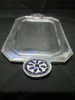 Mexican Pewter Rope Trim Tray Handmade Ceramic Tile Handles 23  X 11-1/2  X 7/8  • $39.90