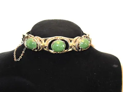 Vintage Sorrento Jade Sterling Silver 3-Cabochon Stone Filigree Cuff Bracelet • $96