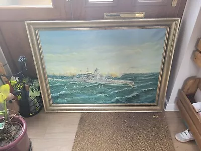 Large ORIGINAL German Kriegsmarine Veteran WW2 Oil Painting Battle 1956 Navy • £144.95