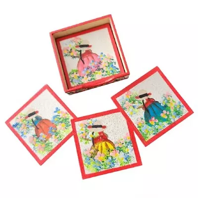 Set Of 6 Coasters Girl With Flowers Wooden Box Handpainted Hand Made Vintage  • $12.98