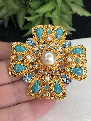 Gold Tone Faux Pearl & Blue Rhinestone MALTESE CROSS Pin Brooch~ Stunning! • $0.99