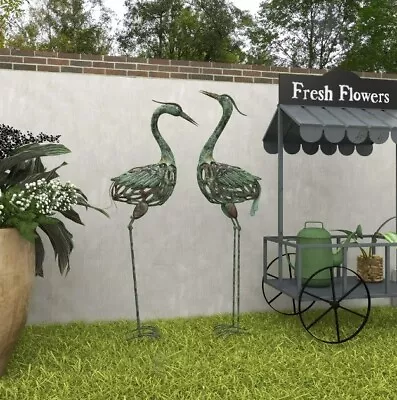 2 Set Crane Garden Statue Bird Sculpture Heron Metal Outdoor Yard Pond Ornament • $87.57