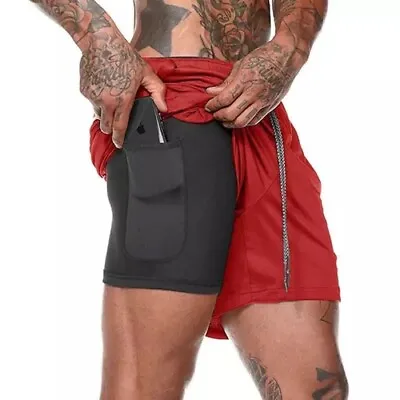 Men's Sport Training Running Bodybuilding 2 In 1 Phone Pocket Sports Shorts • $14.99