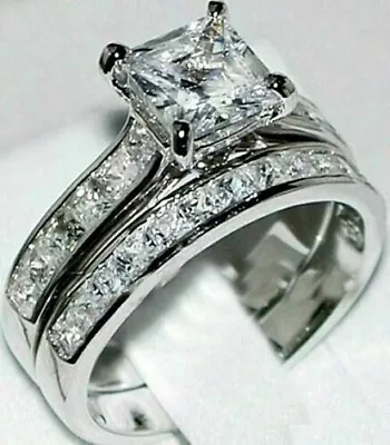 2.79 CT Princess Moissanite With Channel Set Wedding Ring 14k White Gold Plated • $157.49