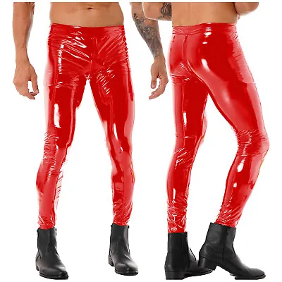 US Mens Patent Leather Long Pants Zipper Crotch Slim Fit Trousers Party Clubwear • $17.66