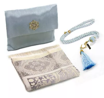 Islamic Soft Prayer Rug With Beads And Slub Fabric Bag Janamaz Sajadah Gray • $16.90