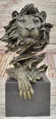Hot Cast Signed Bronze Royal Lion Statue Sculpture Bust Marble Base Figurine Art • $349