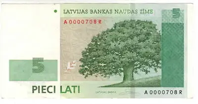 LATVIA 5 Lati Lats XF+ Banknote (2006) P-53a Prefix A Suffix R Low Serial Number • $25.86