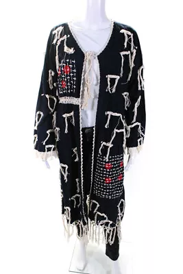 Momo Womens Cotton Embroidered Tie Front Fringe Duster Cardigan Blue Size OS • $49.99