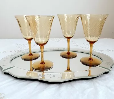 Vintage Amber Wine Glasses Swirl Water Goblets Set Of 4 Amber Glasses Bundle • $33