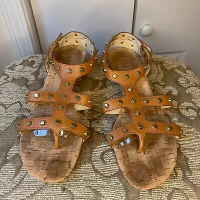 Michael Kors Gold Studded Gladiator Wedge Sandals Cognac Color Size 8 • $18