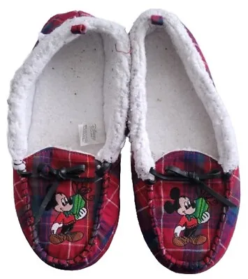 Disney Mickey Mouse Slippers Fuzzy  Red/White Stripe Pattern M 9/10 W 11/12 • $18